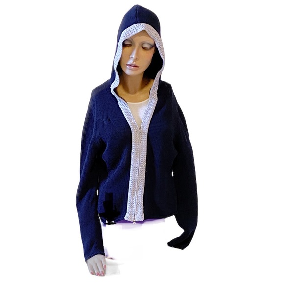 Boston Proper Black Cotton Zip-Up Hooded Sweater with Silver Sequins ~ M - Picture 5 of 12